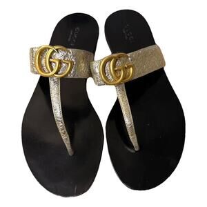 Gucci GG Marmont Gold Leather Thong Sandals 38.5 IT